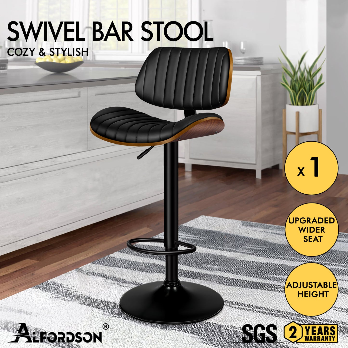 ALFORDSON Bar Stool Upholstered Backrest Black