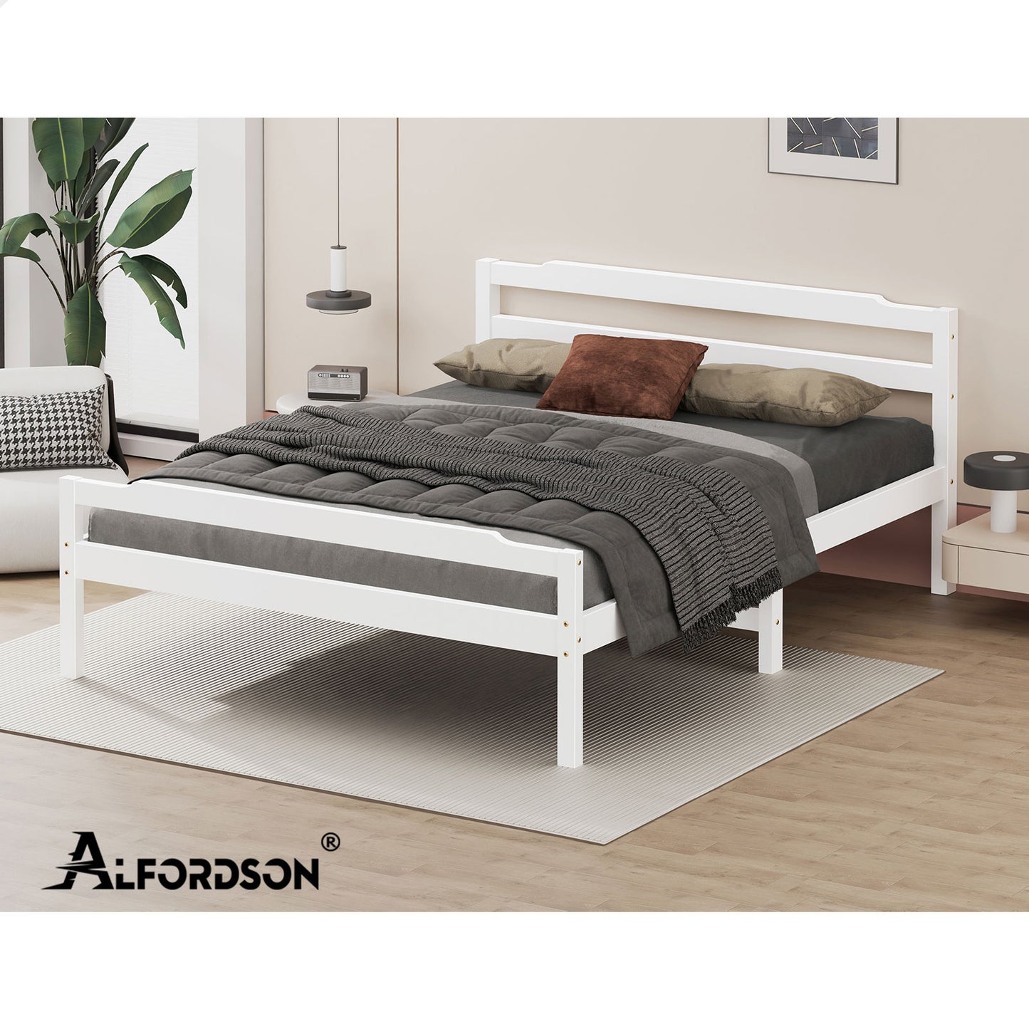 ALFORDSON Bed Frame Wooden Queen Size Mattress Base Platform Timber White DUBEM