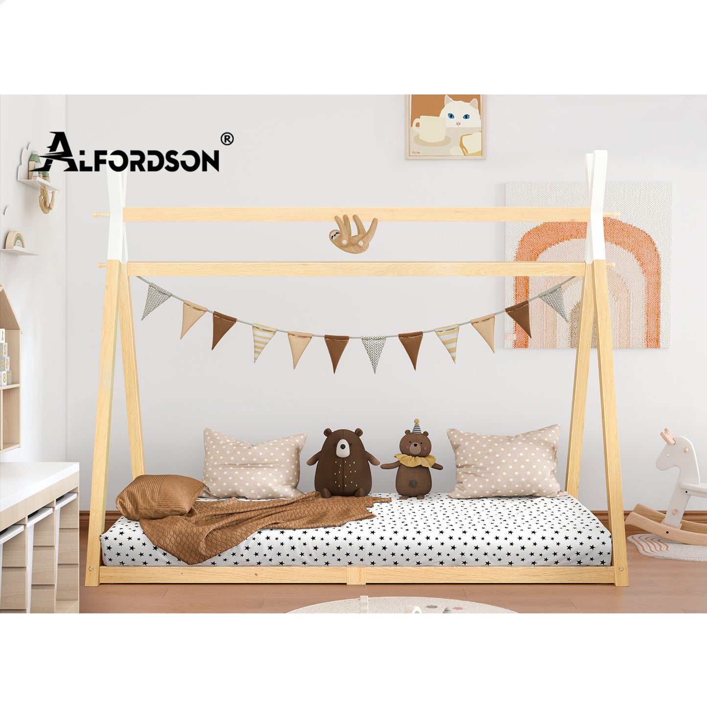 ALFORDSON Bed Frame Wooden Single Timber Teepee House Base Platform Oak Thomas