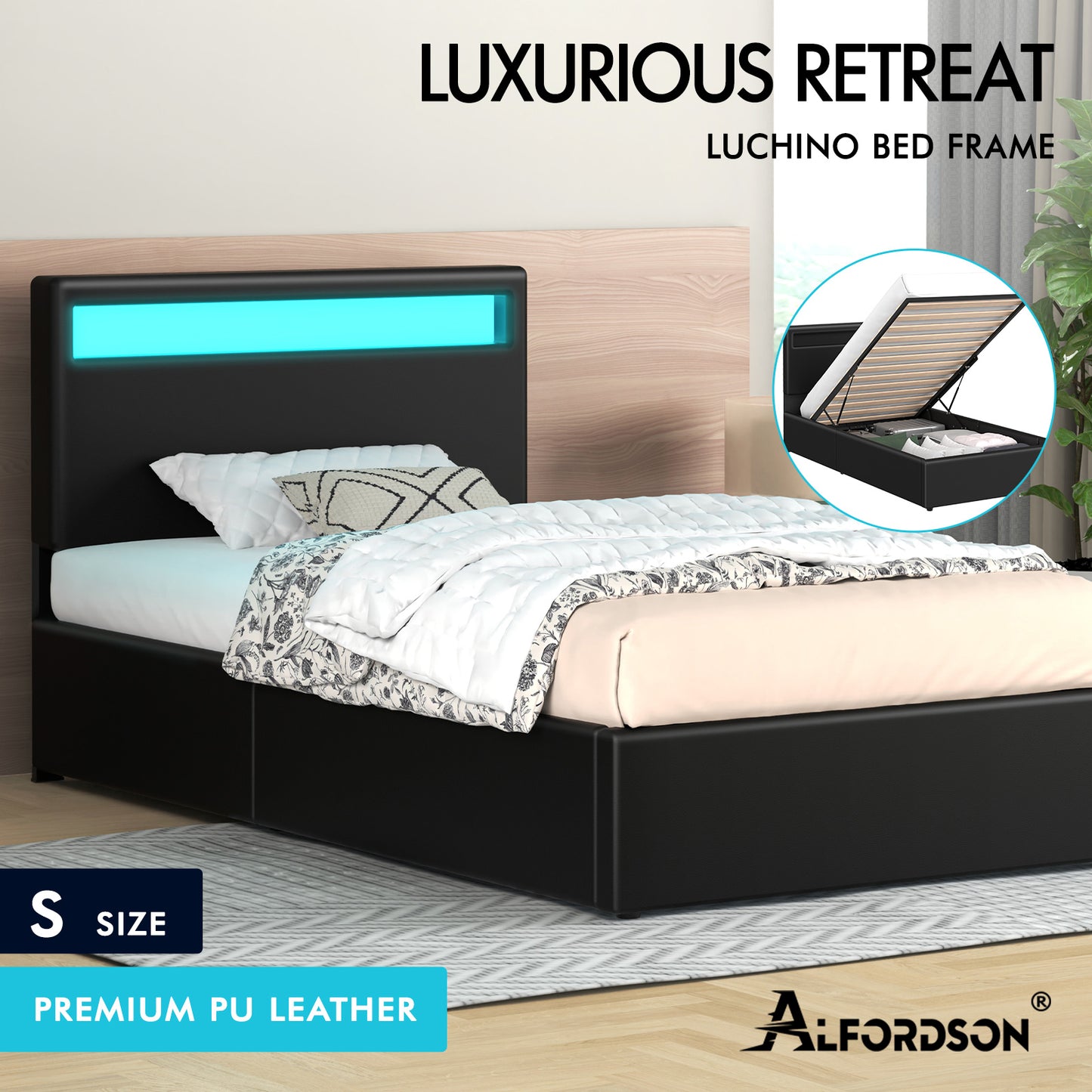 ALFORDSON Bed Frame Single Size RGB LED Gas Lift Storage Base Black LUCHINO