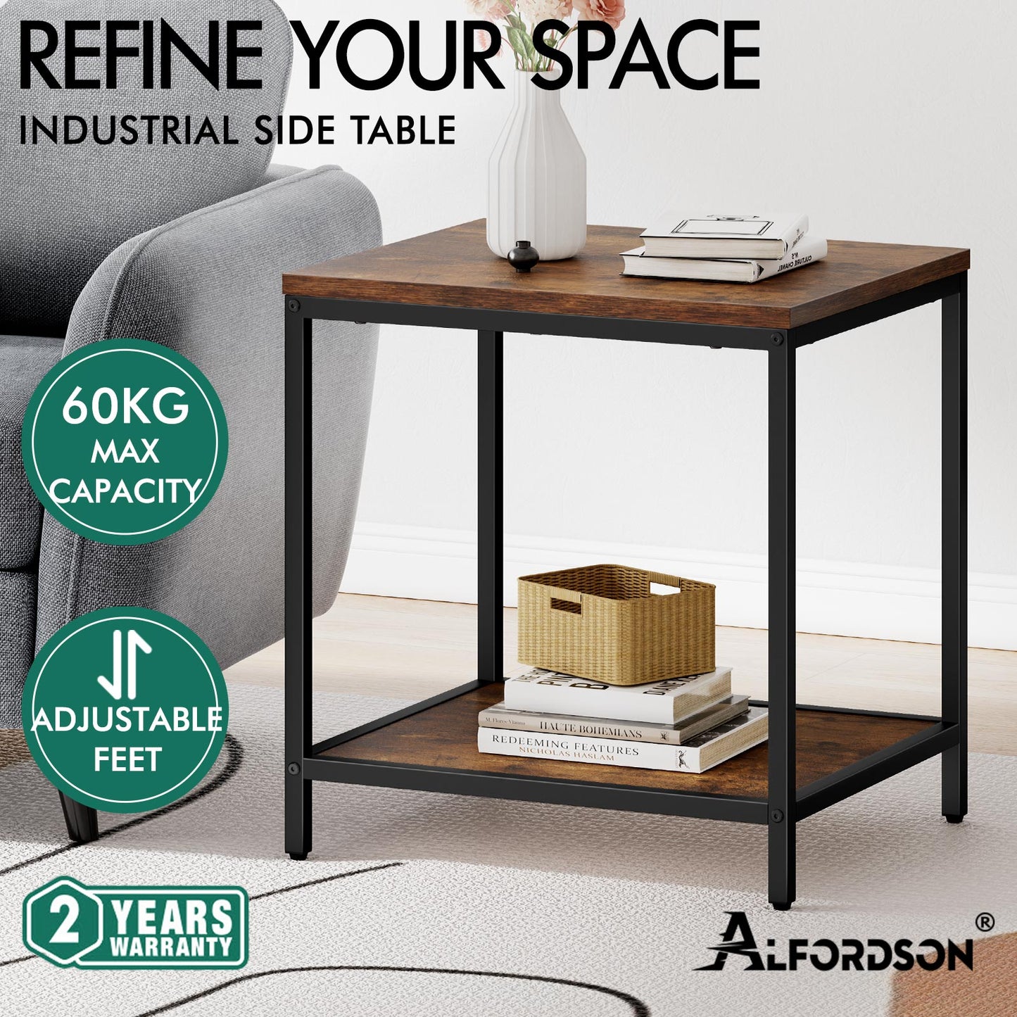 ALFORDSON Side Table Coffee Table Sofa End 2-Tier Industrial Storage Shelf