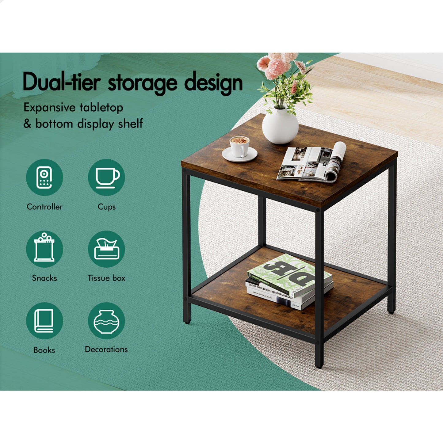 ALFORDSON Side Table Coffee Table Sofa End 2-Tier Industrial Storage Shelf