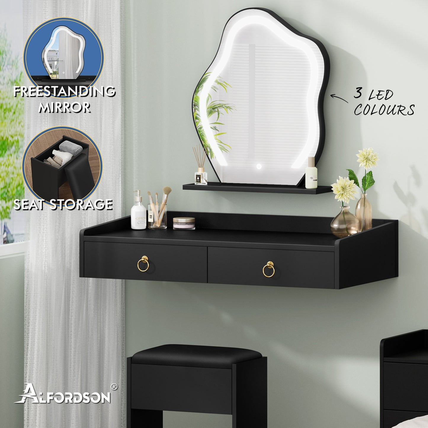 ALFORDSON Dressing Table Stool Set Floating Makeup Mirror LED Vanity Desk Black
