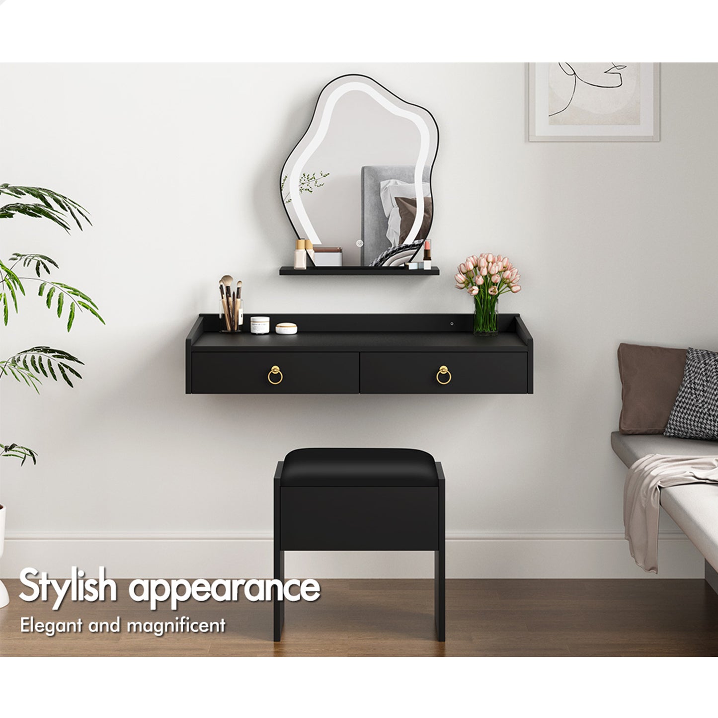 ALFORDSON Dressing Table Stool Set Floating Makeup Mirror LED Vanity Desk Black