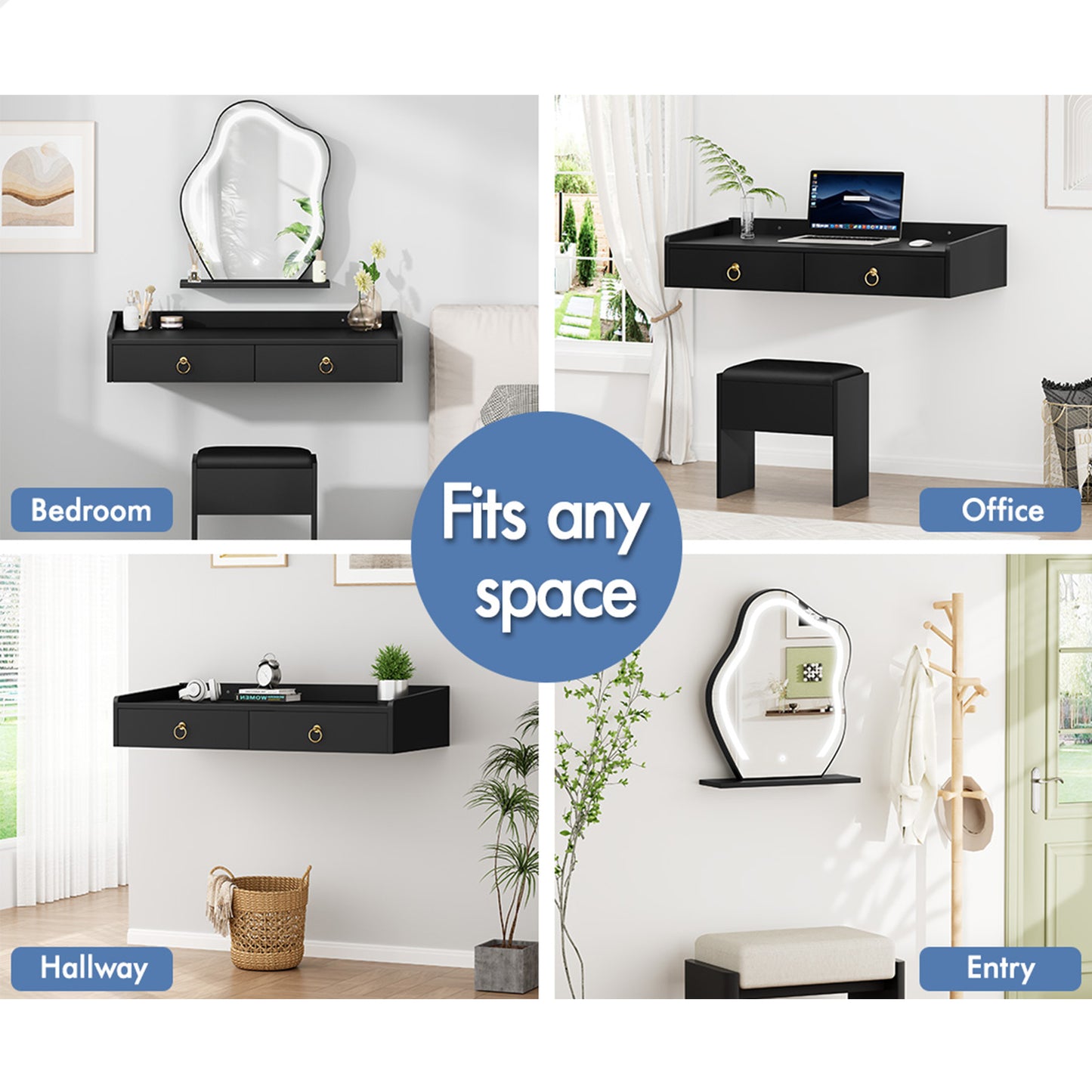 ALFORDSON Dressing Table Stool Set Floating Makeup Mirror LED Vanity Desk Black