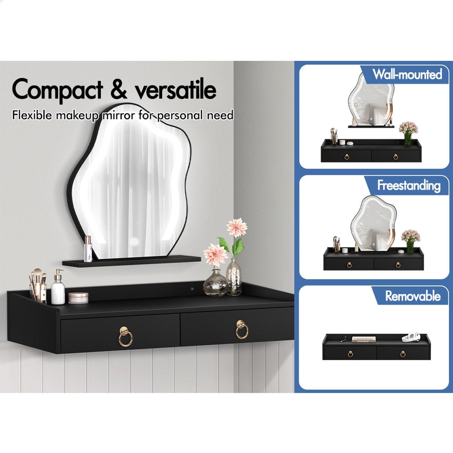 ALFORDSON Dressing Table Stool Set Floating Makeup Mirror LED Vanity Desk Black