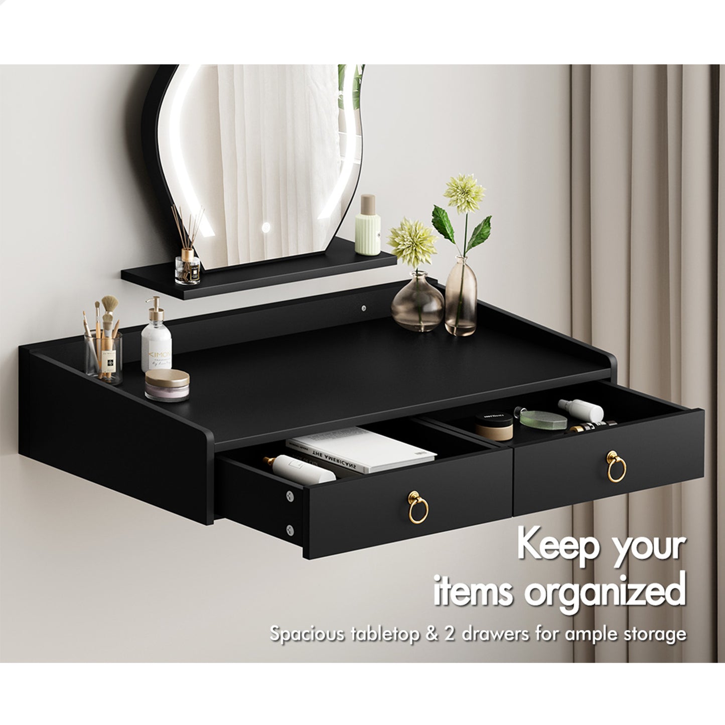 ALFORDSON Dressing Table Stool Set Floating Makeup Mirror LED Vanity Desk Black