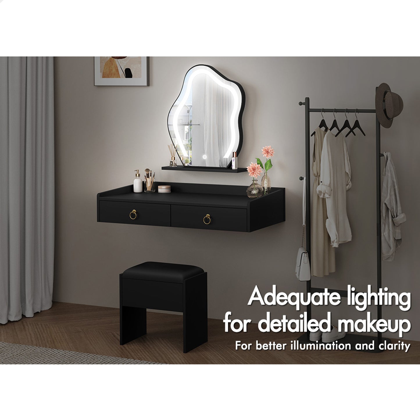 ALFORDSON Dressing Table Stool Set Floating Makeup Mirror LED Vanity Desk Black
