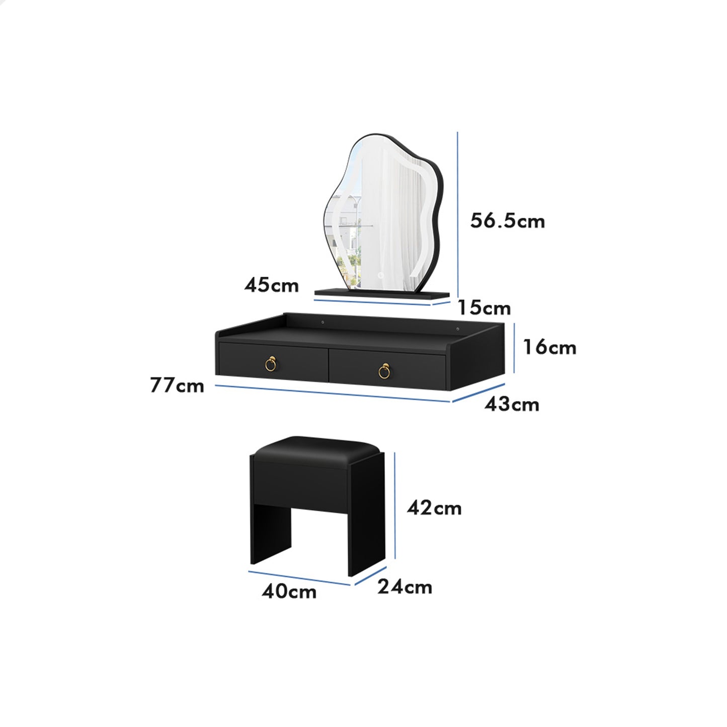 ALFORDSON Dressing Table Stool Set Floating Makeup Mirror LED Vanity Desk Black