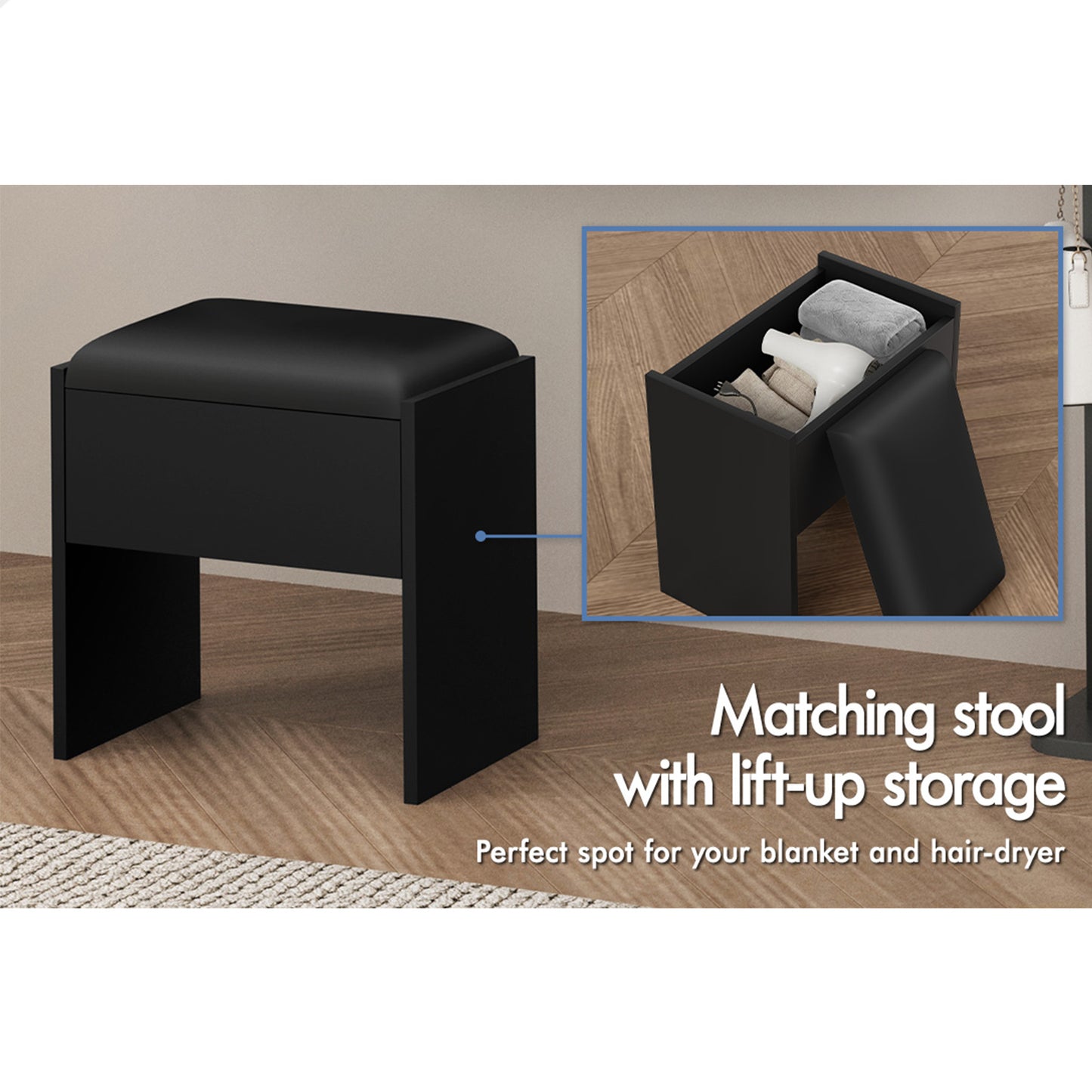 ALFORDSON Dressing Table Stool Set Floating Makeup Mirror LED Vanity Desk Black