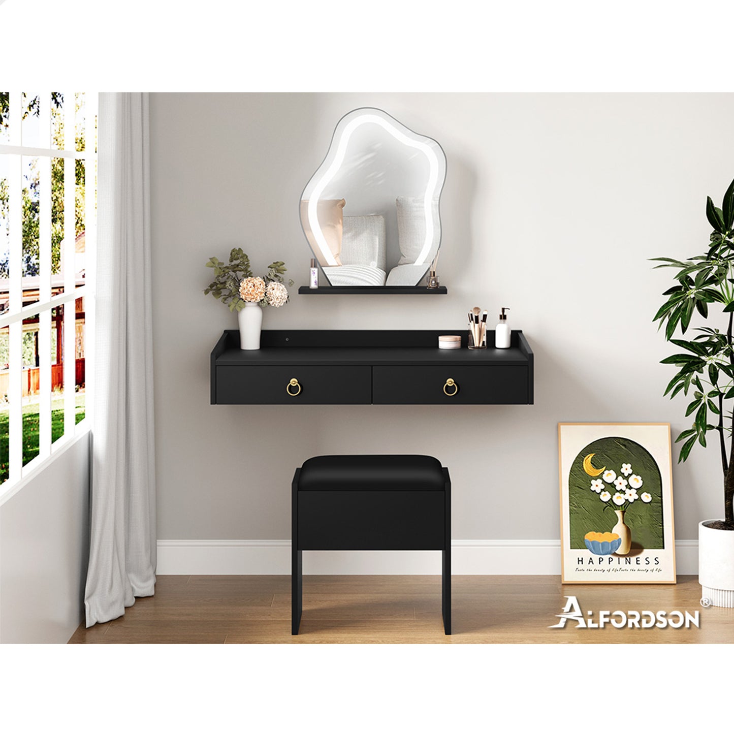 ALFORDSON Dressing Table Stool Set Floating Makeup Mirror LED Vanity Desk Black