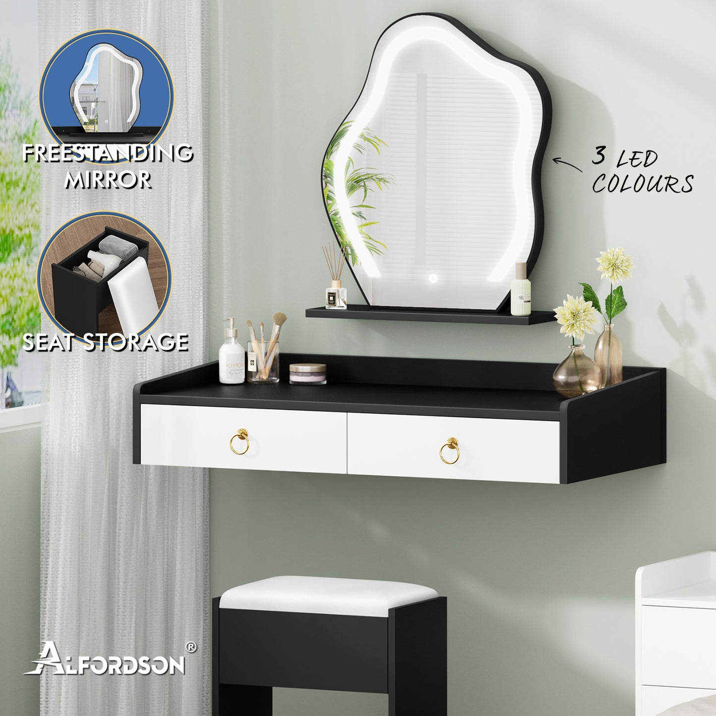 ALFORDSON Dressing Table Stool Floating Makeup Mirror Vanity Desk LED White