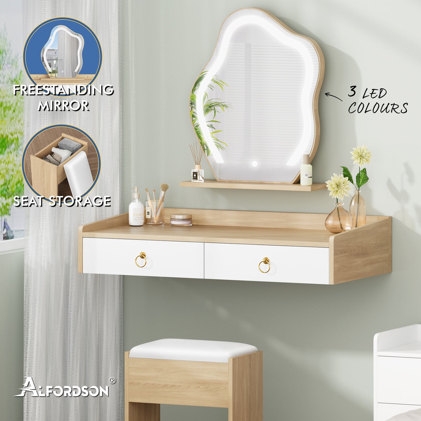 ALFORDSON Dressing Table Stool Set Floating Makeup Mirror LED Vanity Desk Oak