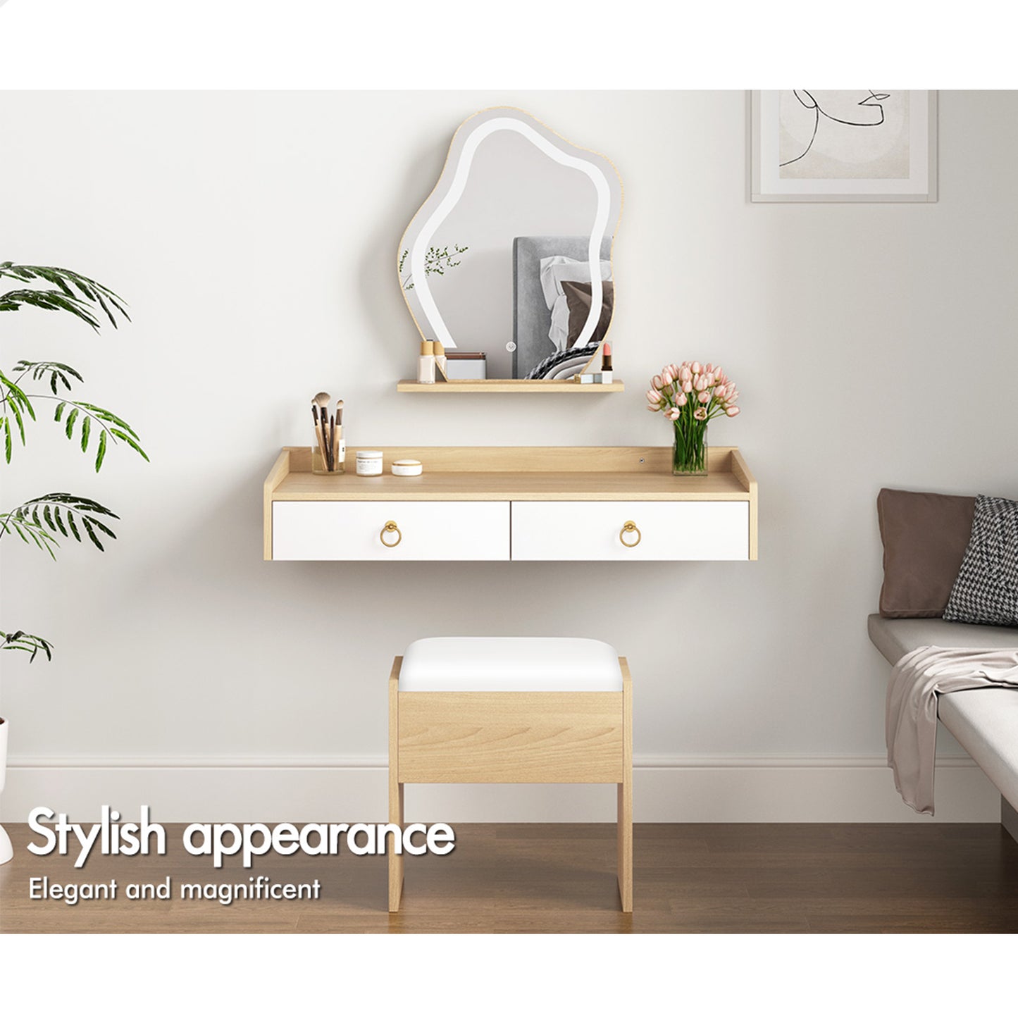 ALFORDSON Dressing Table Stool Set Floating Makeup Mirror LED Vanity Desk Oak