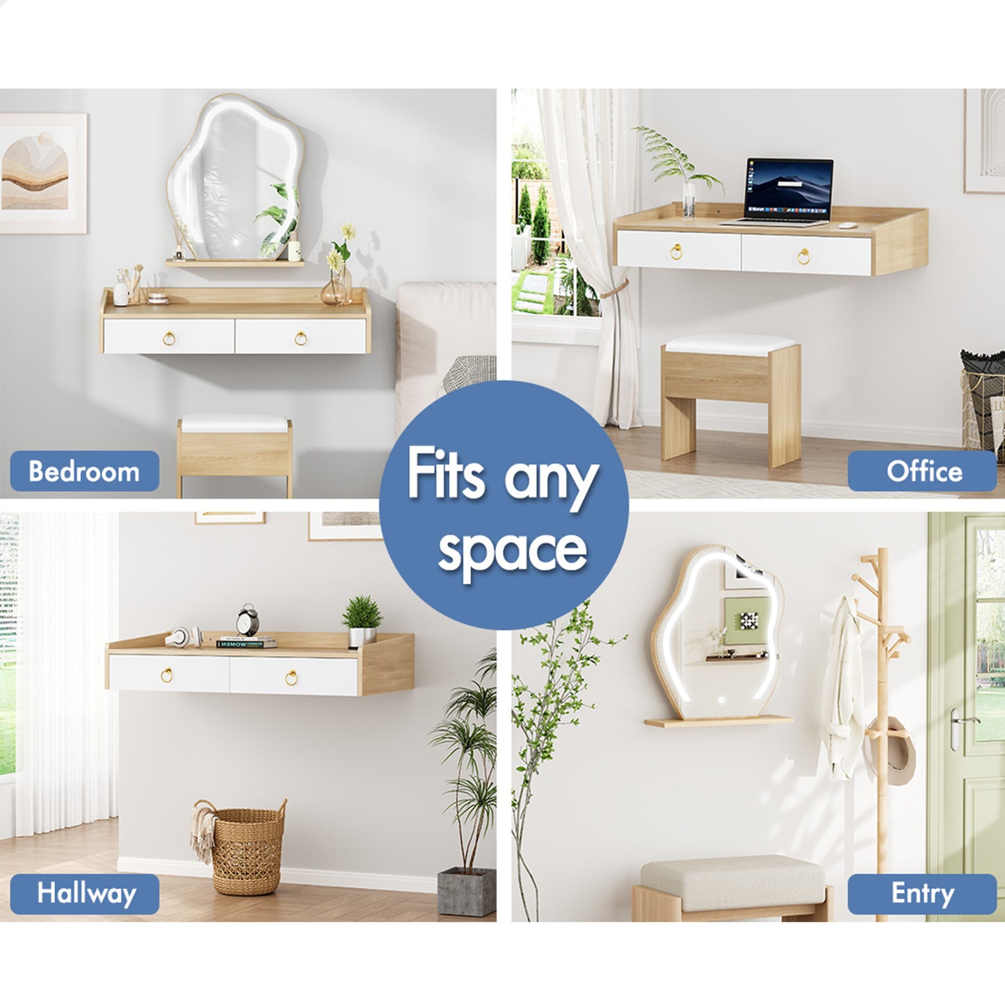 ALFORDSON Dressing Table Stool Set Floating Makeup Mirror LED Vanity Desk Oak