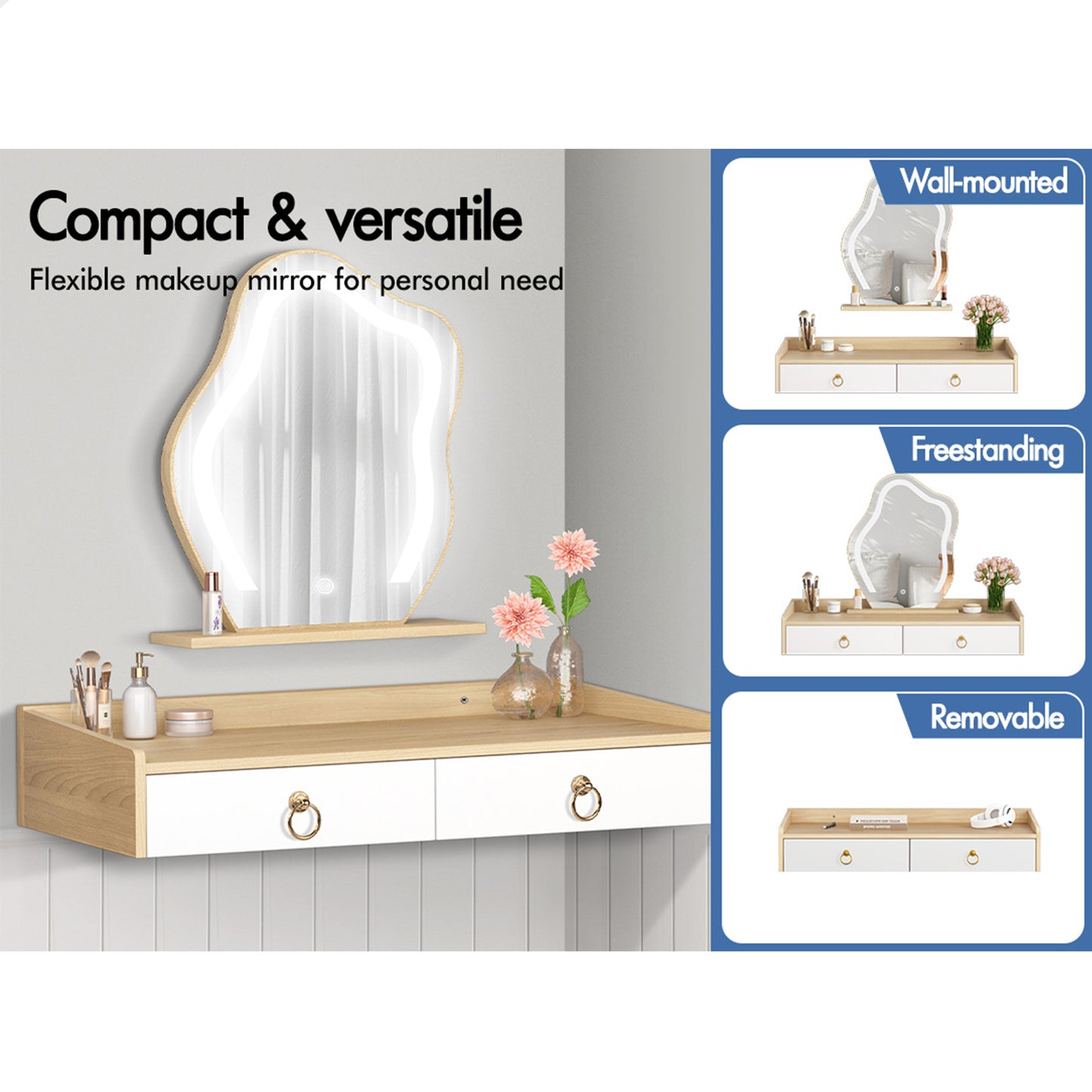 ALFORDSON Dressing Table Stool Set Floating Makeup Mirror LED Vanity Desk Oak