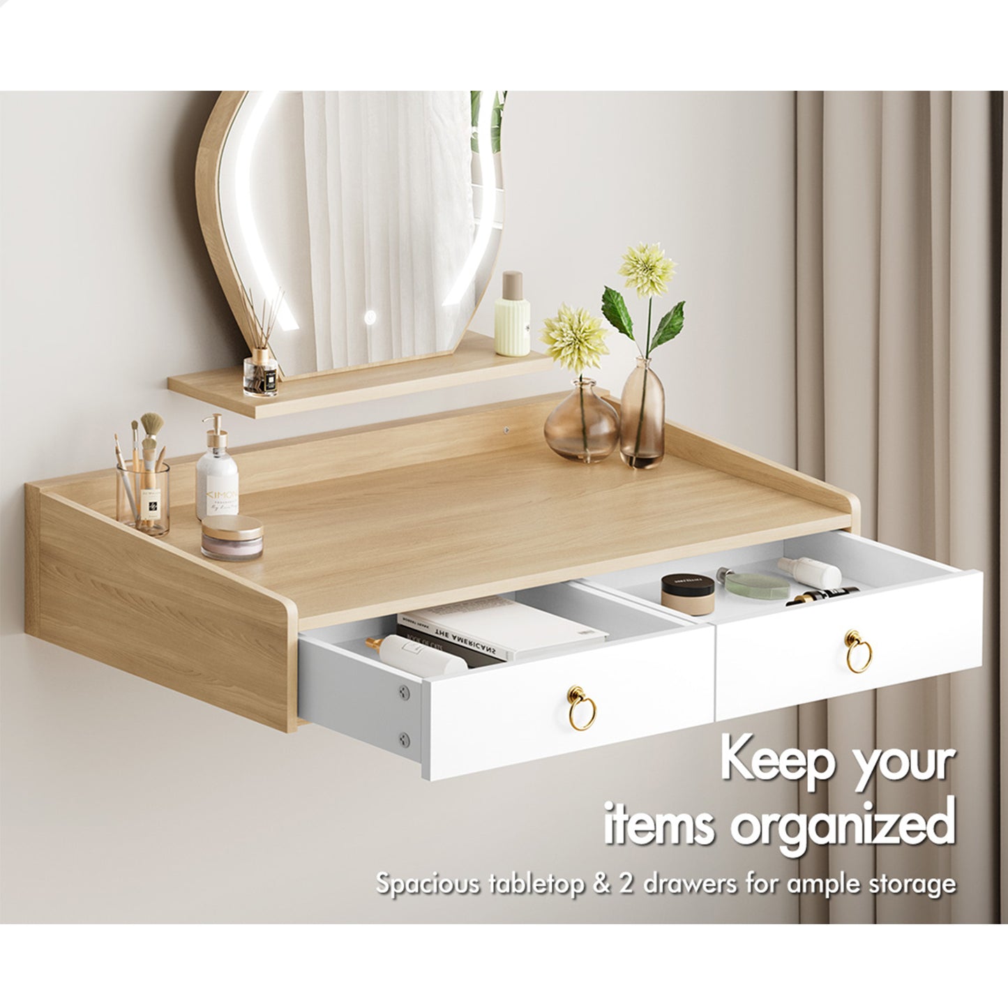 ALFORDSON Dressing Table Stool Set Floating Makeup Mirror LED Vanity Desk Oak