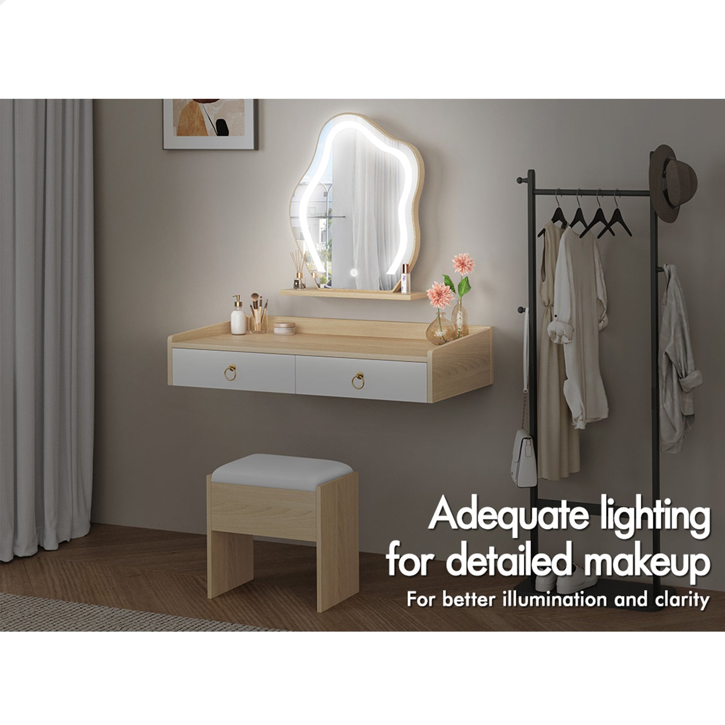 ALFORDSON Dressing Table Stool Set Floating Makeup Mirror LED Vanity Desk Oak