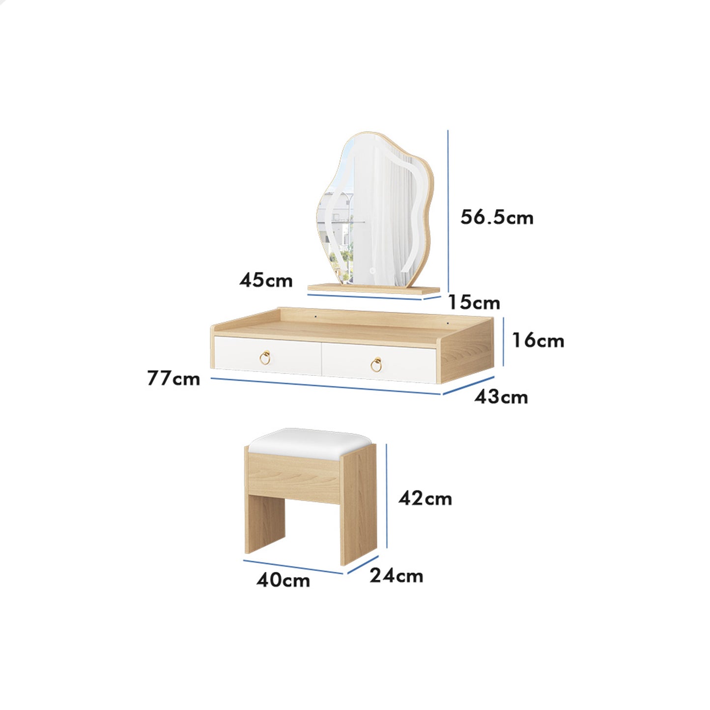 ALFORDSON Dressing Table Stool Set Floating Makeup Mirror LED Vanity Desk Oak