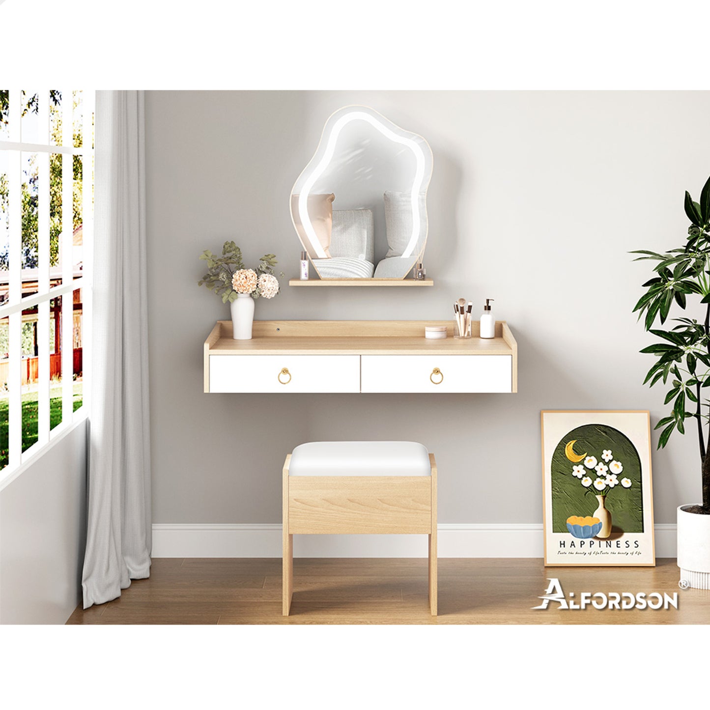 ALFORDSON Dressing Table Stool Set Floating Makeup Mirror LED Vanity Desk Oak