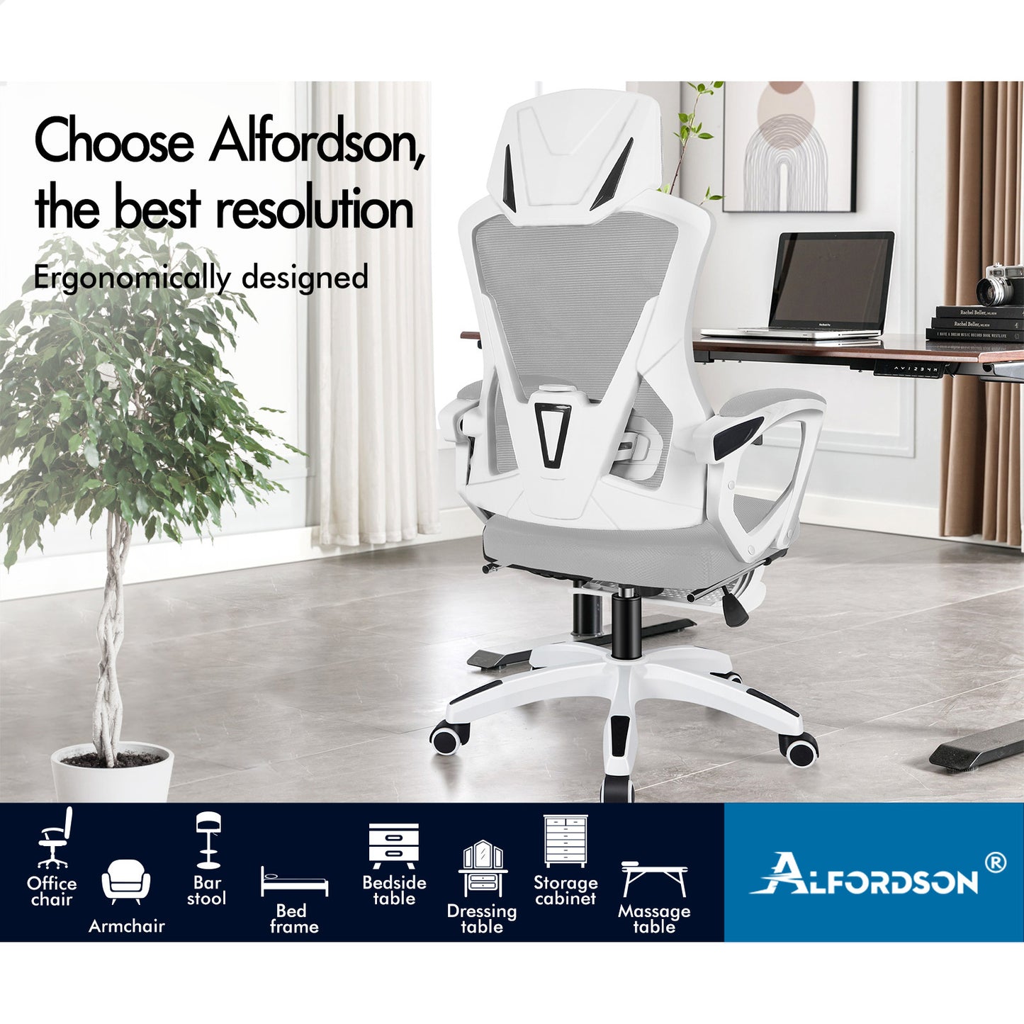 ALFORDSON Mesh Office Chair Gaming Executive Computer Recliner Study Work Seat White and Grey
