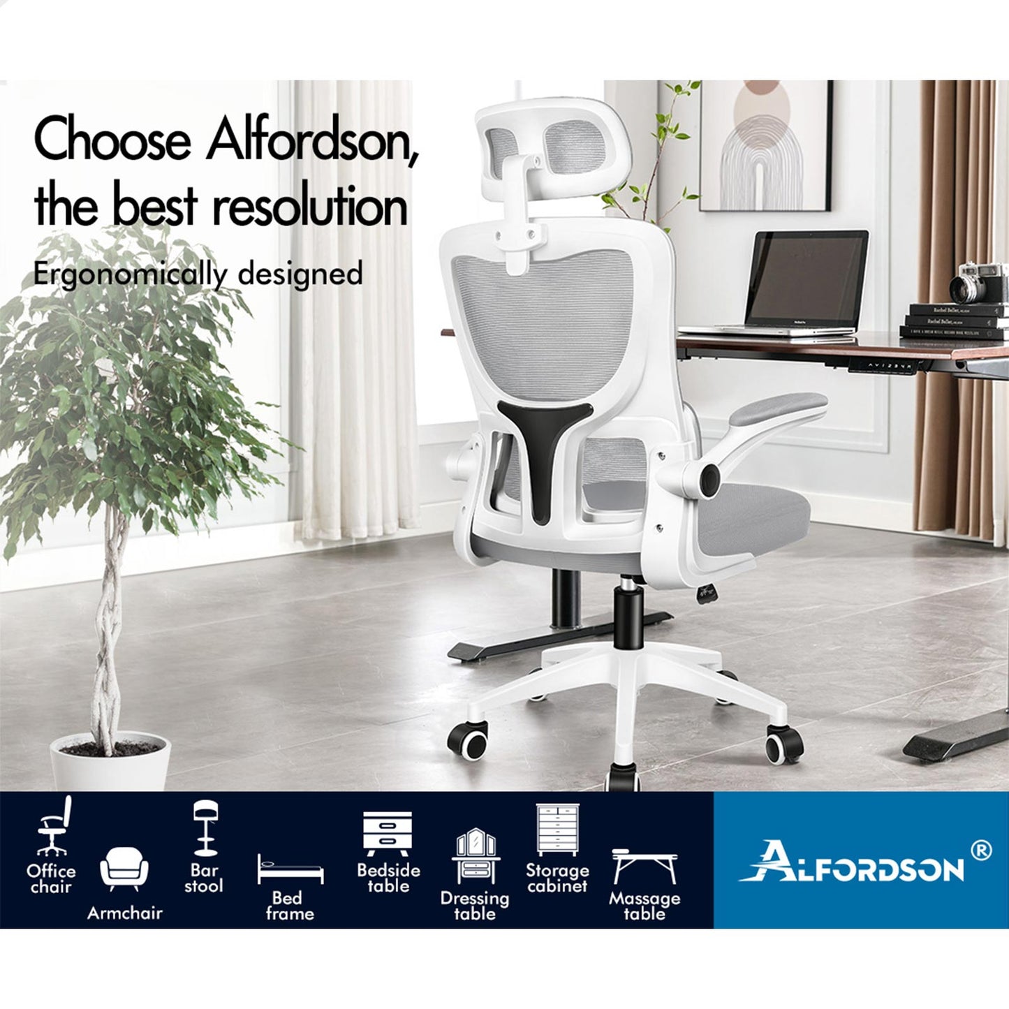 ALFORDSON Mesh Office Chair Executive Computer Tilt Fabric Seat Racing Work Grey & White
