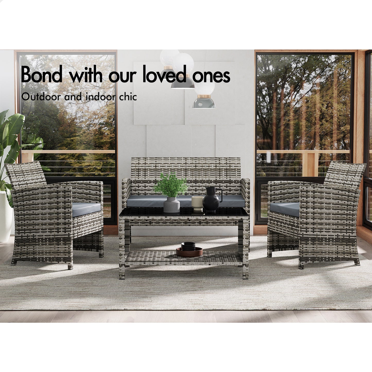 ALFORDSON Outdoor Furniture 4PCS Garden Patio Chairs Table Set Wicker Mixed Grey