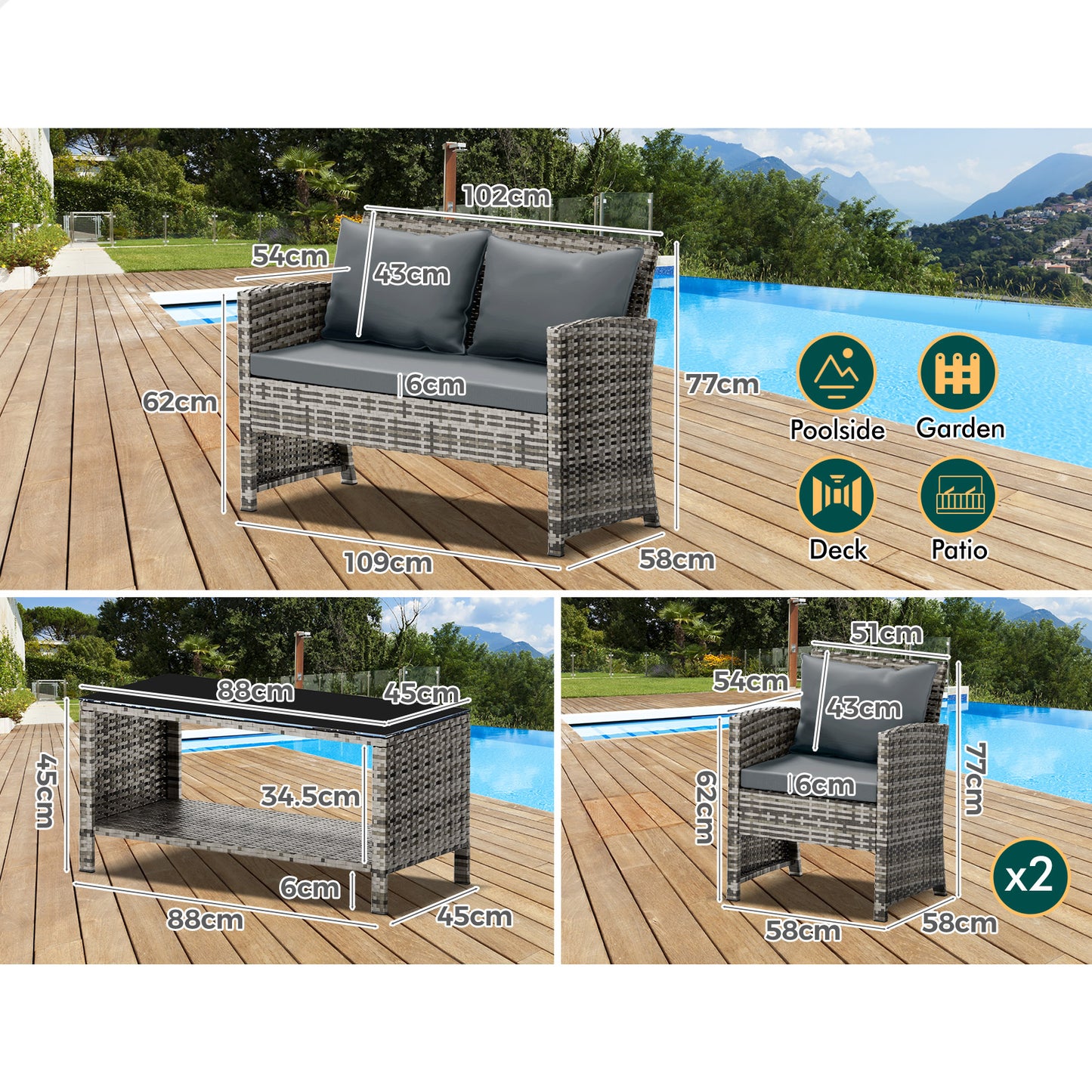 ALFORDSON Outdoor Furniture 4PCS Garden Patio Chairs Table Set Wicker Mixed Grey