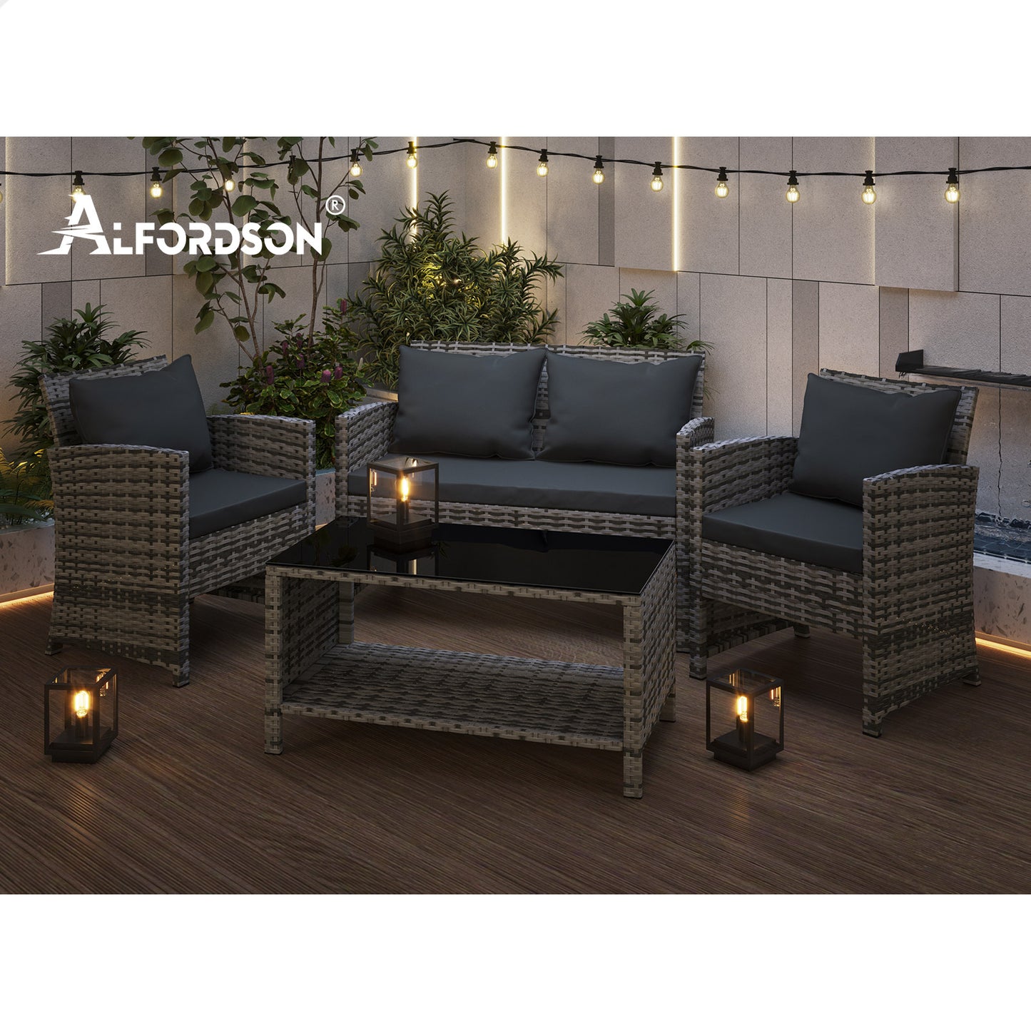 ALFORDSON Outdoor Furniture 4PCS Garden Patio Chairs Table Set Wicker Mixed Grey