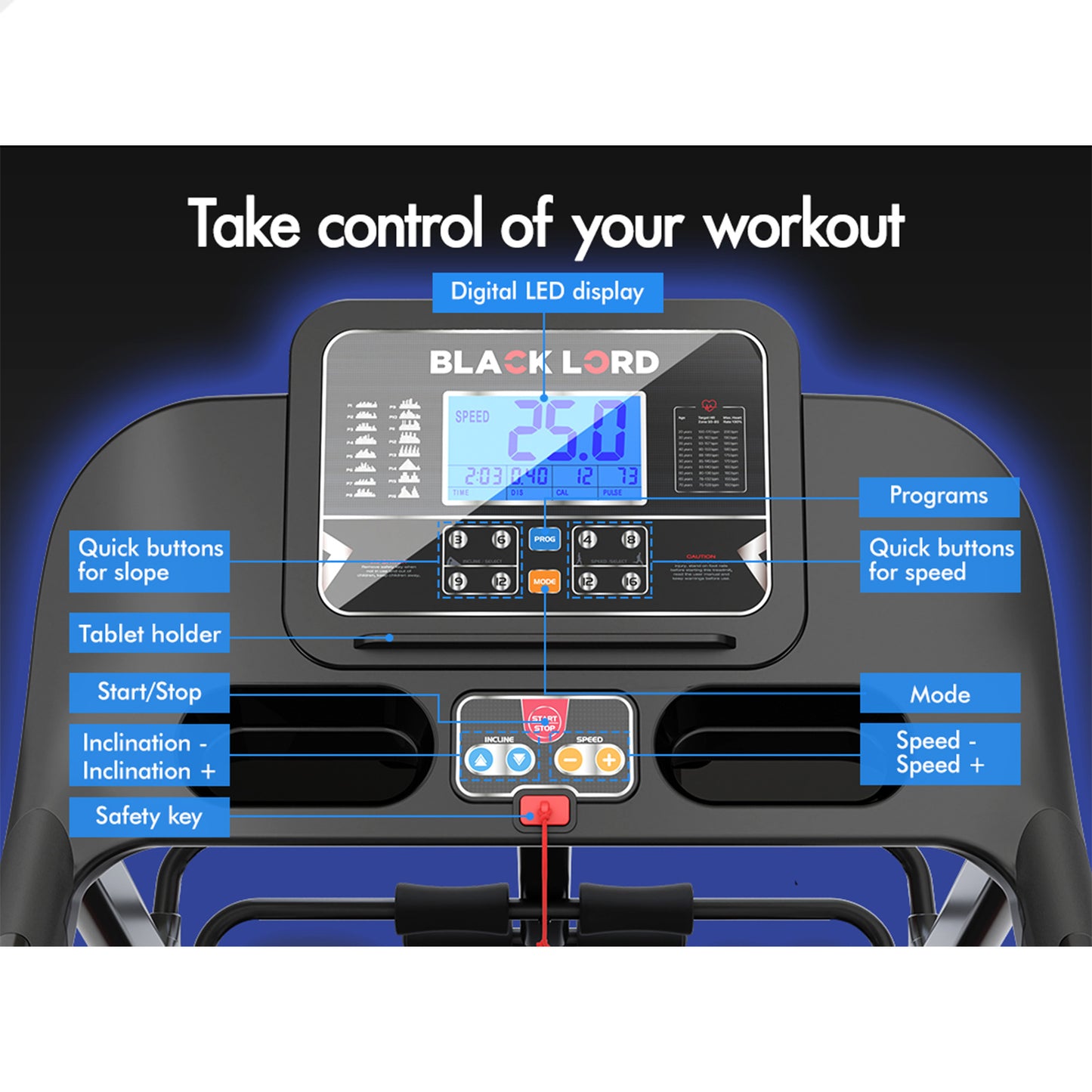 BLACK LORD Treadmill Electric Home Gym Exercise Running Machine Auto Incline