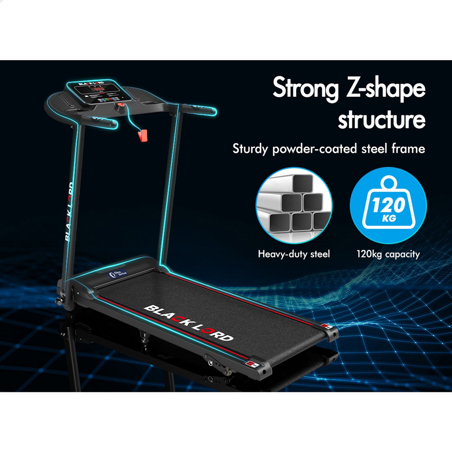 BLACK LORD Treadmill Electric Exercise Running Machine Incline Foldable 380mm