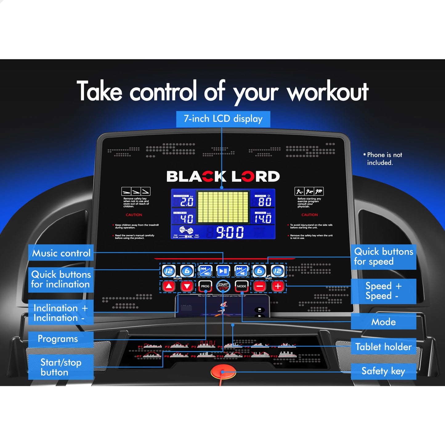 BLACK LORD Treadmill Electric Auto Incline Home Gym Exercise Machine 480MM