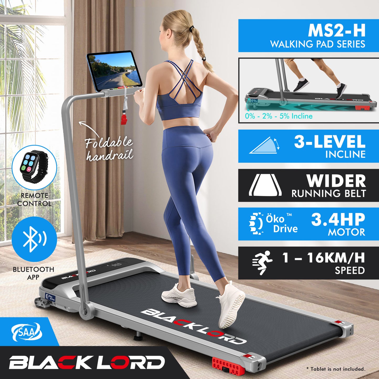 BLACK LORD Walking Pad Treadmill Incline Foldable