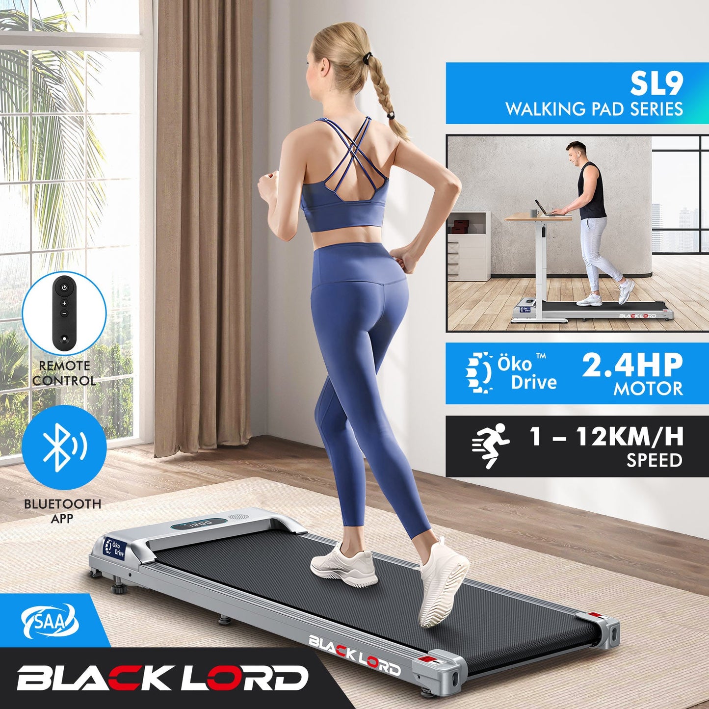 BLACK LORD Treadmill Electric Walking Pad Home Office Gym Fitness Remote Control