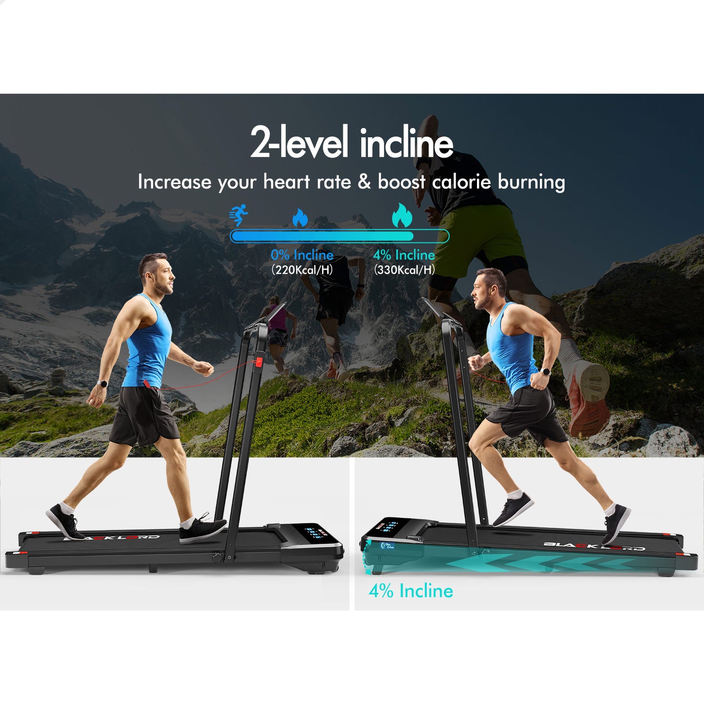 BLACK LORD Treadmill Electric Walking Pad Under Desk Foldable Incline 430mm Belt