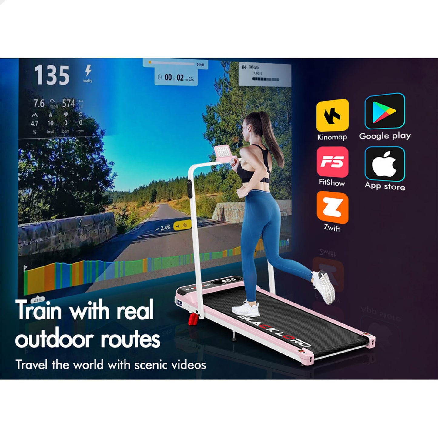 BLACK LORD Treadmill Electric Walking Pad Folding Incline Magnetic Remote Pink