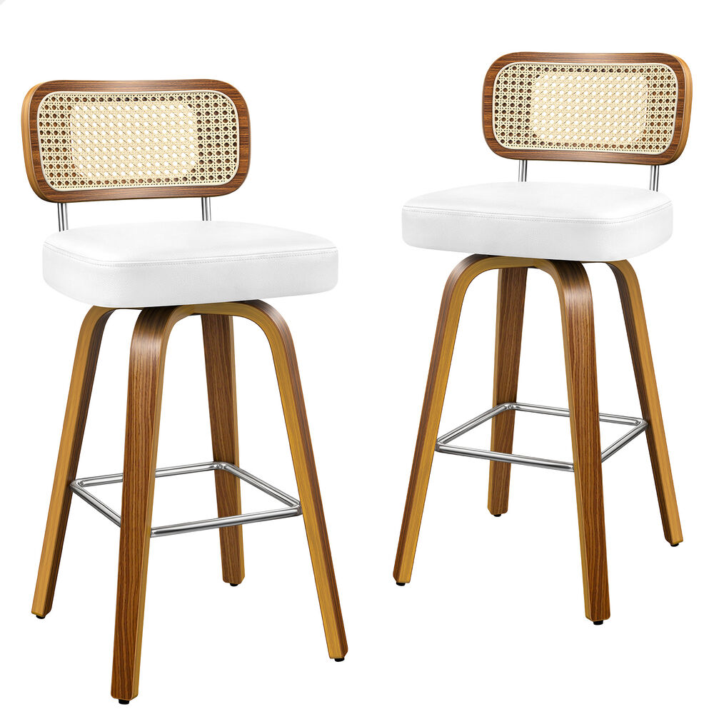 ALFORDSON 2x Bar Stools Kitchen Vintage Leather Seat Rattan Chair White