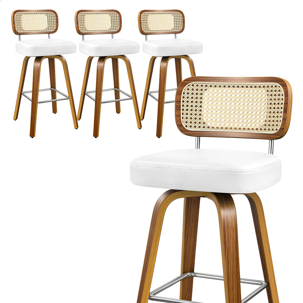 ALFORDSON 4x Bar Stools Kitchen Vintage Leather Seat Rattan Chair White