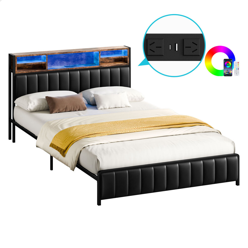ALFORDSON Bed Frame Double LED Charging Station Leather Black