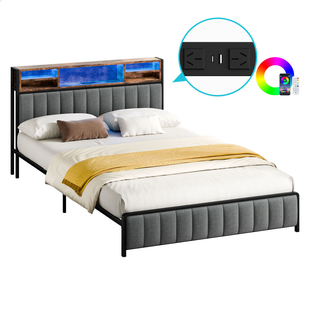 ALFORDSON Bed Frame Double LED Charging Station Linen Grey