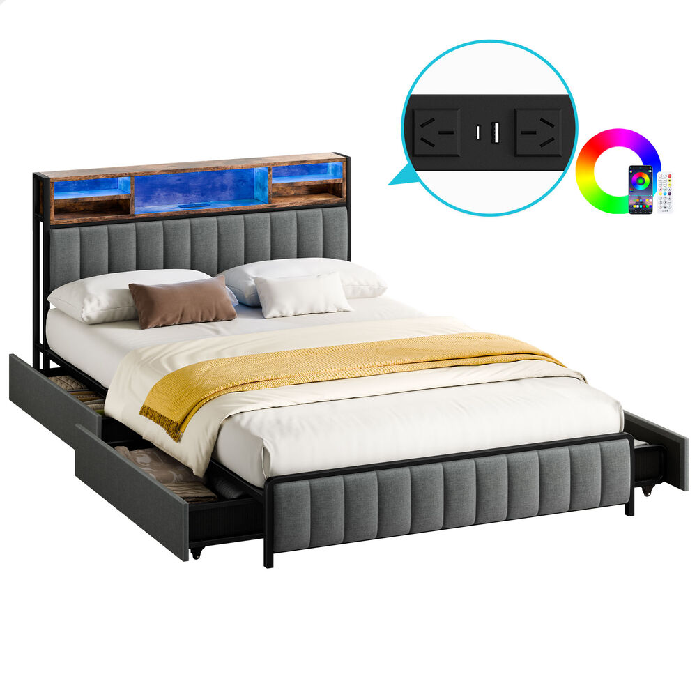 ALFORDSON Bed Frame Queen LED Charging Station Drawers Storage Linen