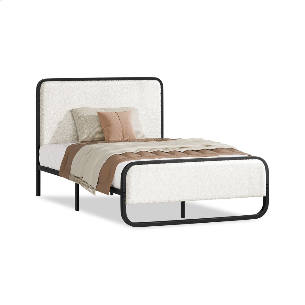 ALFORDSON Metal Bed Frame King Single Size Upholstered Headboard Boucle White