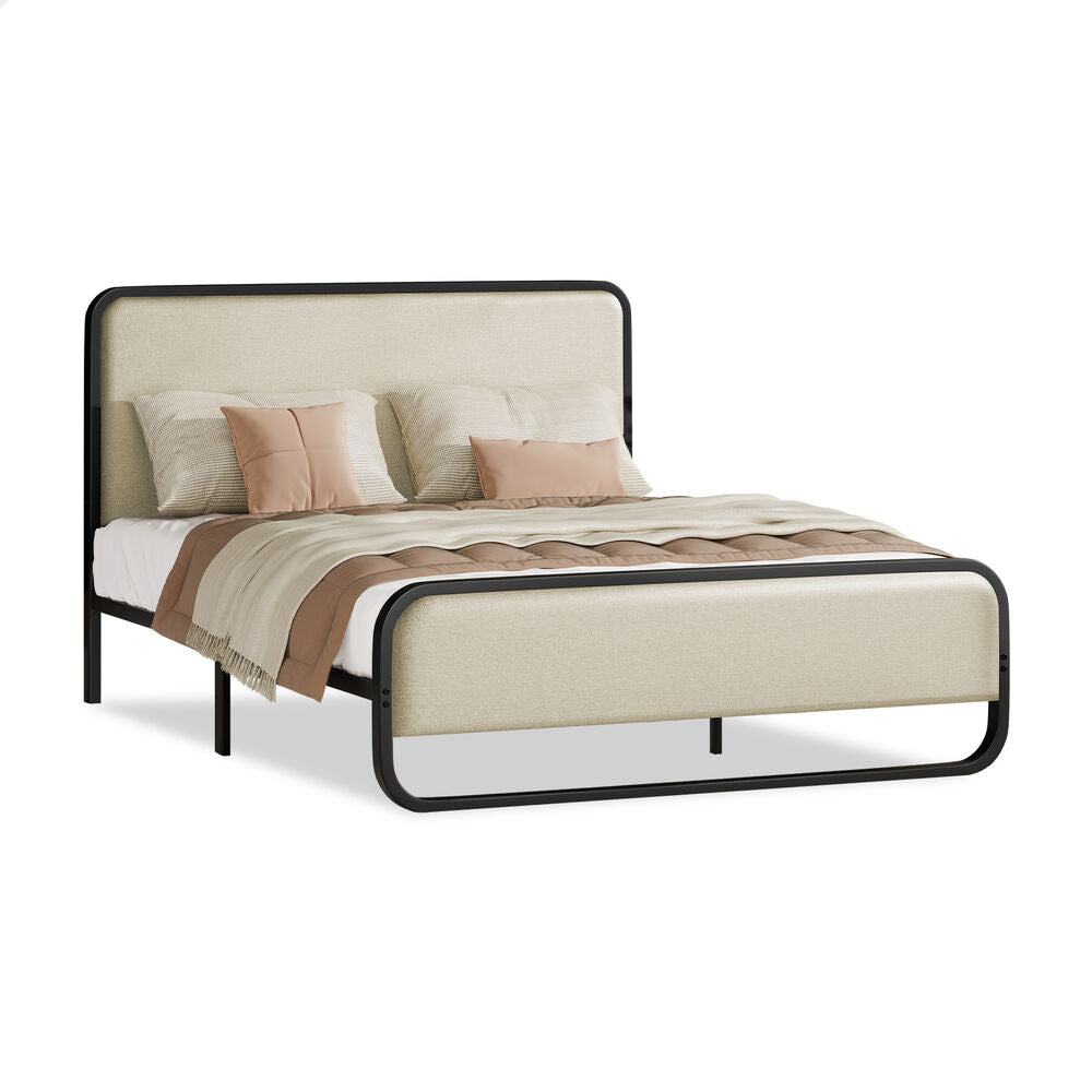 ALFORDSON Metal Bed Frame Queen Upholstered Headboard Fabric Beige Platform
