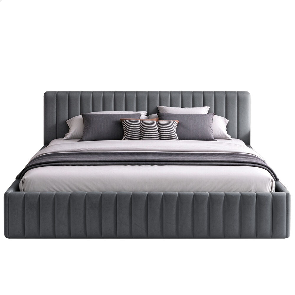 ALFORDSON Bed Frame Double Size Vertical Channel Tufted Grey Velvet TYLER