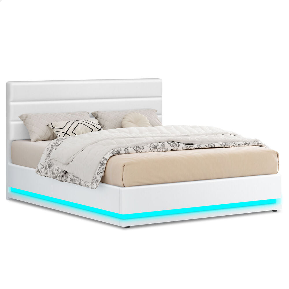ALFORDSON Bed Frame King Size Platform RGB LED Gas Lift Base Storage White