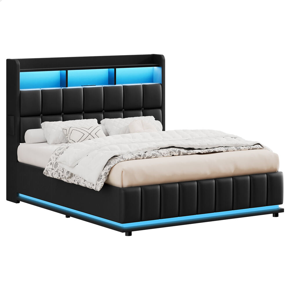 ALFORDSON Bed Frame Double RGB LED Gas Lift Base Platform Storage Leather Black