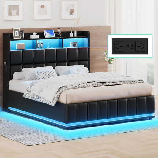 ALFORDSON Bed Frame Double RGB LED Gas Lift Base Platform Storage Leather Black
