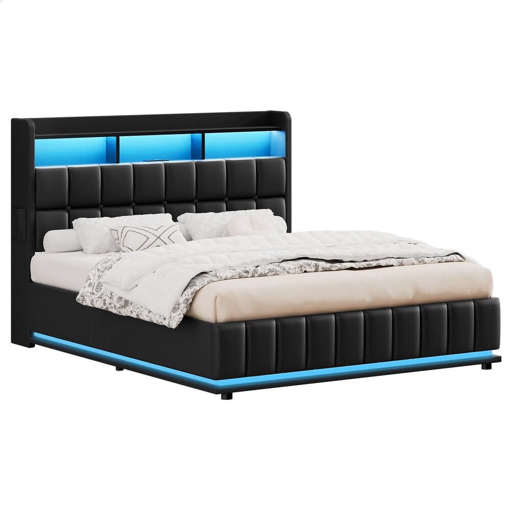 ALFORDSON Bed Frame Queen RGB LED Gas Lift Base Platform Storage Leather Black