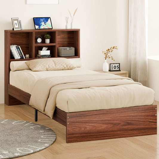 ALFORDSON Wooden Bed Frame Single Size with Bookshelf Storage Headboard Walnut