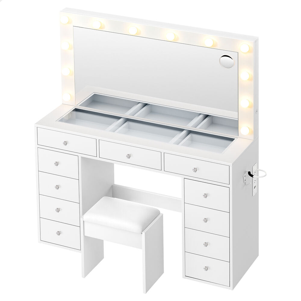 ALFORDSON Dressing Table Stool Set LED Vanity Desk Charging Station 11 Drawers